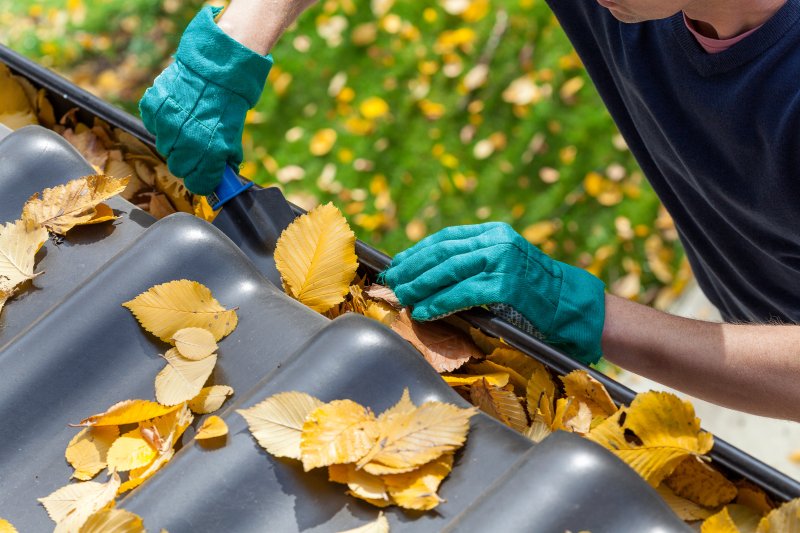 A man cleaning leaves from a gutter.