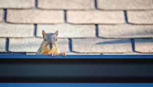 a squirrel peeking out from a gutter