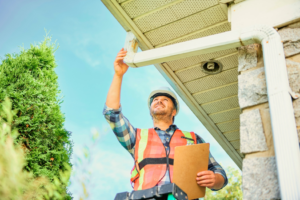 a worker inspecting a gutter system